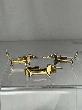 Austria Dachshund Cufflinks Tie Clip Set Wiener Dog Mid Century Brass